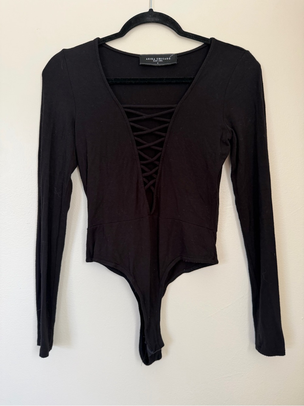 AKIRA Chicago Black Lace-Up Long Sleeve Bodysuit Size Small
